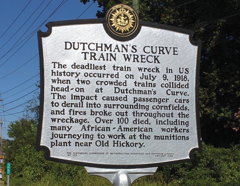 Historical marker for Dutchman’s Curve in Nashville, Tennessee, commemorating the 1918 train wreck.