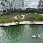Aerial view of Miami Circle park in Brickell, Miami, along the Miami River waterfront.