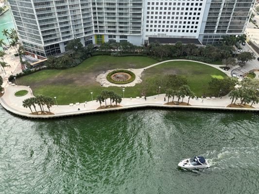 Aerial view of Miami Circle park in Brickell, Miami, along the Miami River waterfront.