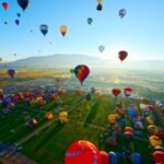 Colorful hot air balloons rising together over a wide desert field near Phoenix, Arizona at sunrise.