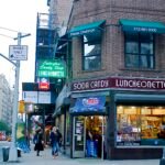 Exterior of Lexington Candy Shop New York with neon luncheonette sign and street view