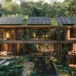 Modern eco-friendly hotel surrounded by tropical greenery with solar panels on the roof, representing sustainable resorts in Florida.