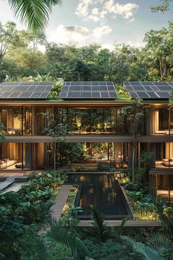 Modern eco-friendly hotel surrounded by tropical greenery with solar panels on the roof, representing sustainable resorts in Florida.