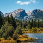 Scenic mountain view at Rocky Mountain National Park near Denver, Colorado, showing alpine peaks, lake reflections, and lush fall foliage.