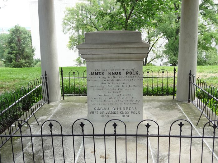 Close-up of President James K. Polk’s Tomb with inscriptions honoring him and his wife Sarah Childress Polk in Nashville, Tennessee.