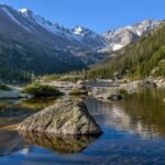 Scenic alpine lake in Rocky Mountain National Park with snow-capped peaks and pine trees near Denver, Colorado.